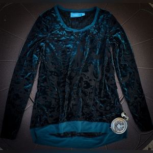 Simply Vera Vera Wang Long Sleeve Teal Velour Printed Mesh Top Size XS